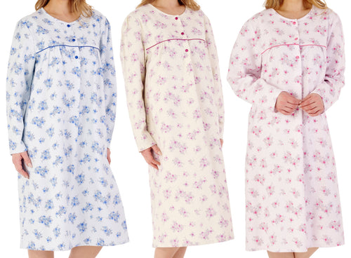 Slenderella Floral Long Sleeve Flannel Cotton Nightdress (3 Colours)