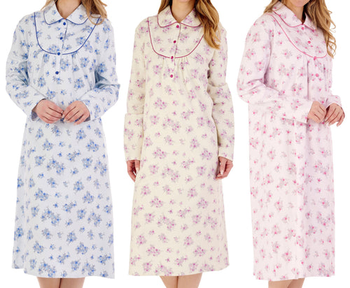 Slenderella Ladies Floral Flannel Nightdress with Collar (3 Colours)