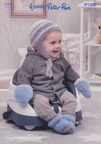 Wendy Peter Pan Chunky Knitting Pattern - Baby Hats Mittens & Bootees (P1300)