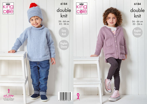King Cole Double Knit Pattern 6184 Kids Raglan Sleeve Sweater, Cardigan & Hat