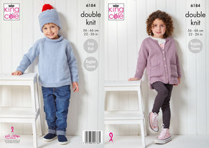 King Cole Double Knit Pattern 6184 Kids Raglan Sleeve Sweater, Cardigan & Hat