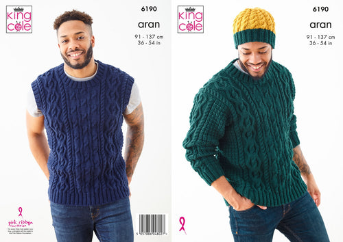 King Cole Aran Knitting Pattern – Men’s Sweater, Slipover & Hat (6190)