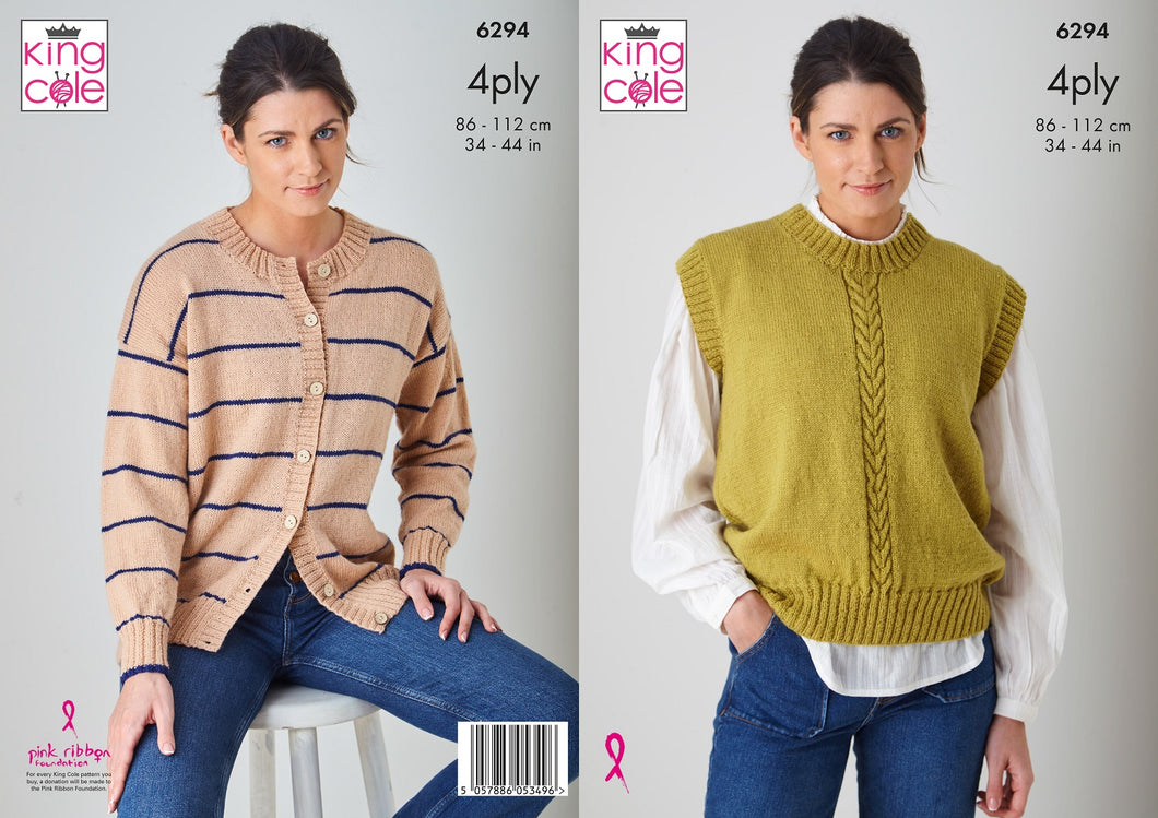 King Cole Ladies Knitting Pattern 4Ply Cardigan & Slipover (6294)