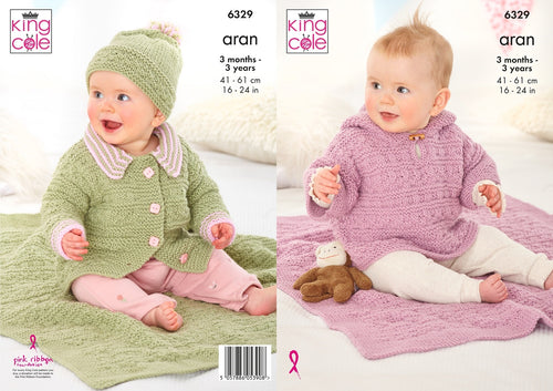 King Cole Aran Babies Knitting Pattern for Jacket, Hat, Hooded Top & Blanket 6329