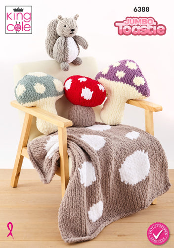 King Cole 6388 Knitting Pattern for Toadstool Cushions, Door Stop, Blanket & Squirrel Toy