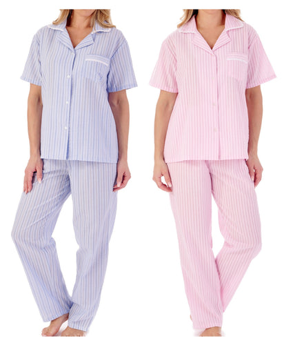 Slenderella Ladies Seersucker Stripe Classic Tailored Pyjamas (2 Colours)
