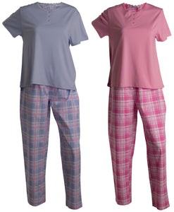 Slenderella Ladies Tartan Pyjamas - Jersey Top & Checked Bottoms (Blue or Pink)