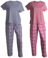 Slenderella Ladies Tartan Pyjamas - Jersey Top & Checked Bottoms (Blue or Pink)