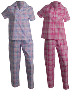 Slenderella Ladies Tartan Pyjamas - Button Top & Trouser Bottoms (Blue or Pink)