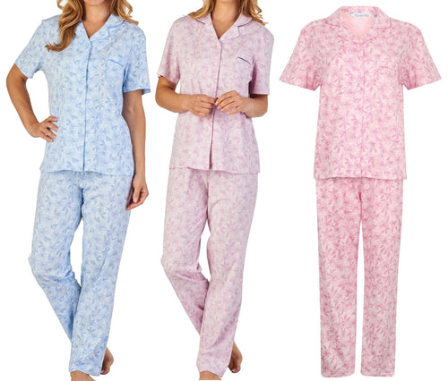 Slenderella Ladies Floral Meadow Jersey Pyjamas Set (3 Colours)