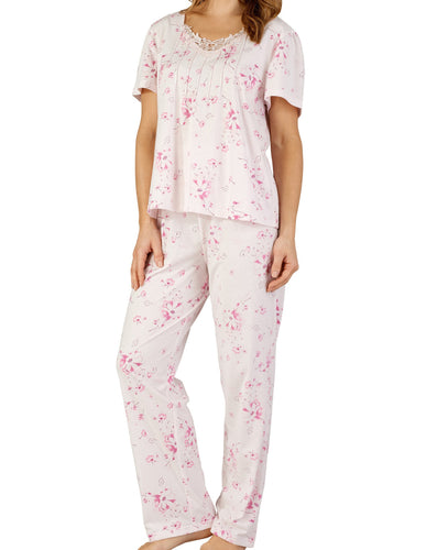 Slenderella Ladies Floral Jersey Pyjamas Set with Pintuck Detail (Blue or Pink)
