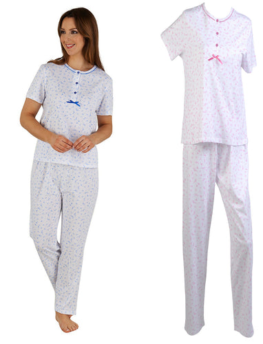 Slenderella Ladies Cotton Floral Pyjamas Set (Blue or Pink)