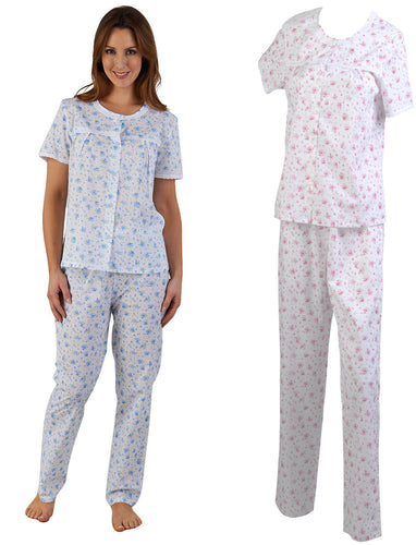 Slenderella Ladies Floral Pyjamas Set with Lace Trim (Blue or Pink)