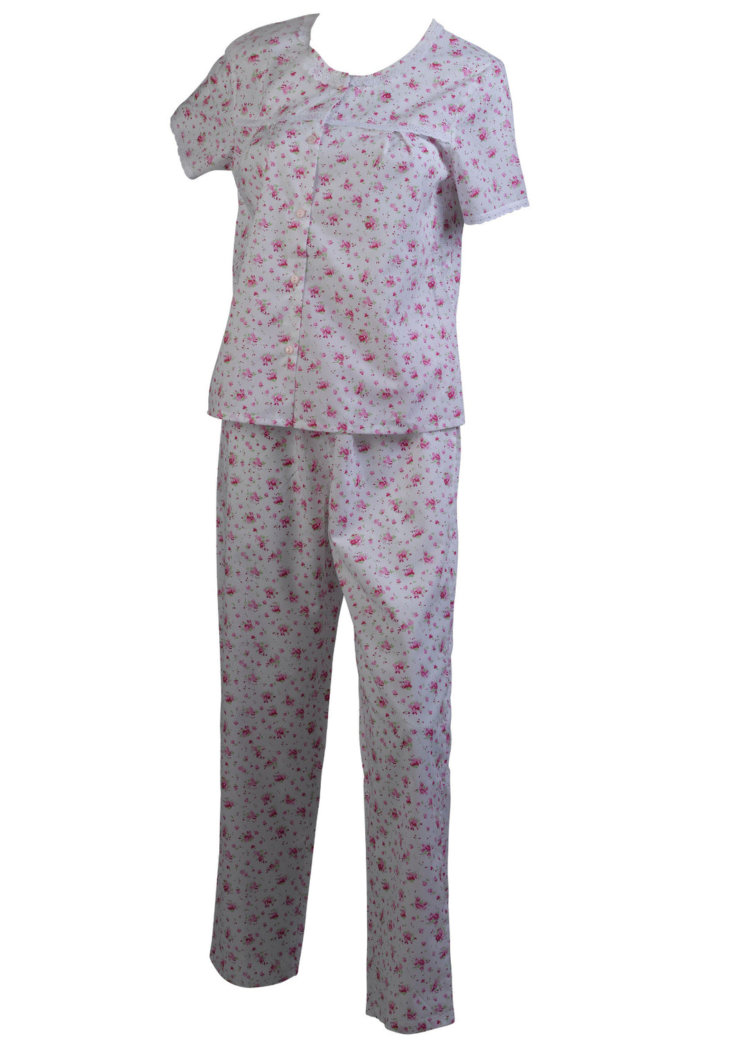 Slenderella Ladies Floral Pyjamas Set with Lace Trim (Blue or Pink)