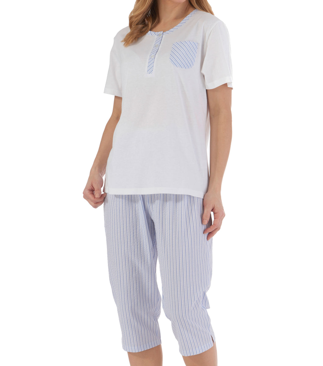 Slenderella Ladies Seersucker Stripe Cropped Trouser Pyjamas (Blue or Pink)