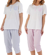Slenderella Ladies Seersucker Stripe Cropped Trouser Pyjamas (Blue or Pink)