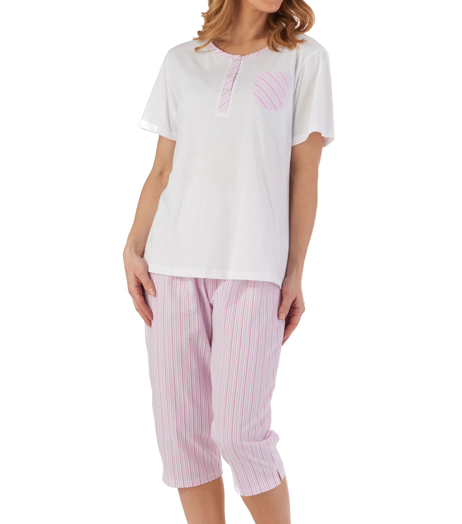 Slenderella Ladies Seersucker Stripe Cropped Trouser Pyjamas (Blue or Pink)  – Mill Outlets