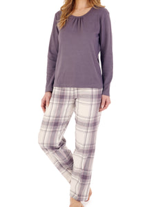 Slenderella Ladies Pyjamas - Plain Top & Checked Bottoms (2 Colours)