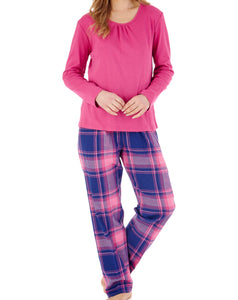 Slenderella Ladies Pyjamas - Plain Top & Checked Bottoms (2 Colours)