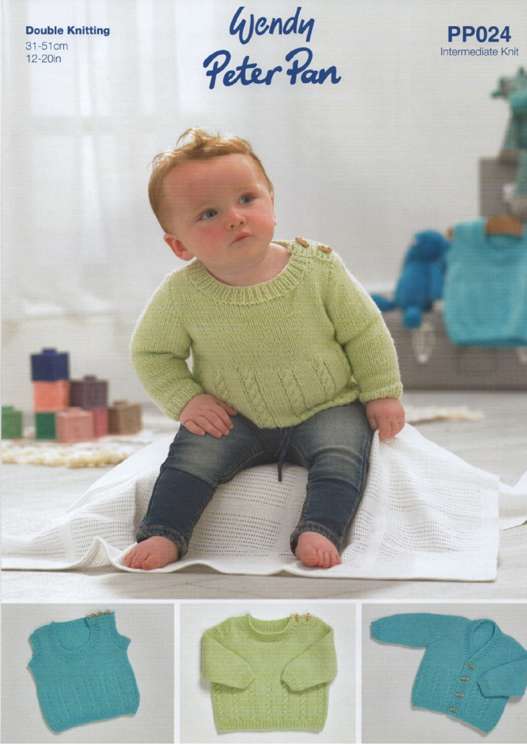 Wendy Peter Pan Baby DK Knitting Pattern – Sweater,Slipover & Cardigan (PP024)
