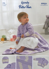 Load image into Gallery viewer, Wendy Peter Pan Baby 4ply Knitting Pattern - Cardigan Blanket &amp; Hat (PP031)