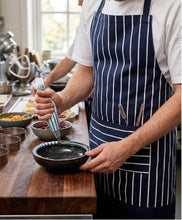 Load image into Gallery viewer, Navy Butchers Stripe 100% Cotton Bib Apron with Pocket 72cm x 88cm