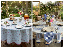 Load image into Gallery viewer, Floral Patchwork &amp; Gingham Round Tablecloth 54” with One Pack of Napkins (Red or Blue)