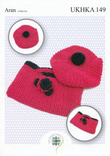 Load image into Gallery viewer, Aran Knitting Pattern for Girls Beret &amp; Floral Bag Set (UKHKA 149)