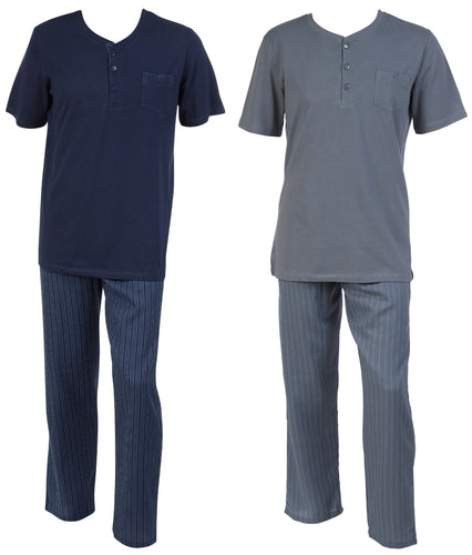 Walker Reid Mens Plain Top & Striped Bottoms Pyjamas Set (Blue or Grey)