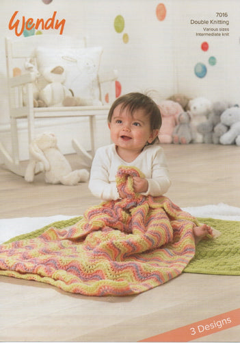 Wendy Peter Pan Double Knitting Pattern 7016 Baby Blankets in 3 Designs