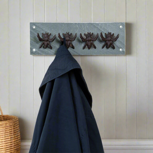 Cast Iron 4 Bees Coat Hooks on Grey Slate Plaque (12