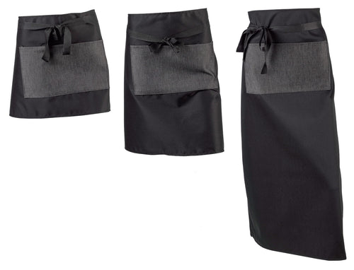 Pack of 5 Black Polycotton Waist Aprons with Denim Pocket (3 Lengths)