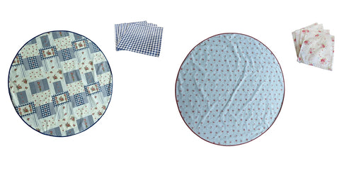Floral Patchwork & Gingham Round Tablecloth 54” with One Pack of Napkins (Red or Blue)
