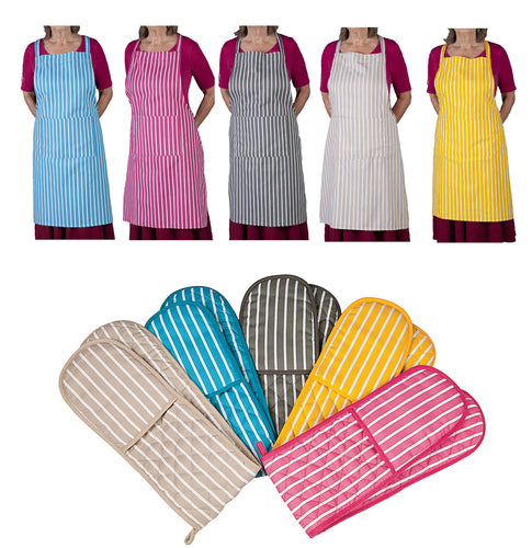 Butchers Stripe Printed Cotton Bib Apron or Double Oven Glove (5 Colours)