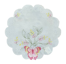 Load image into Gallery viewer, Pack of 6 Embroidered Butterfly Scalloped Edge Doilies (2 Sizes)