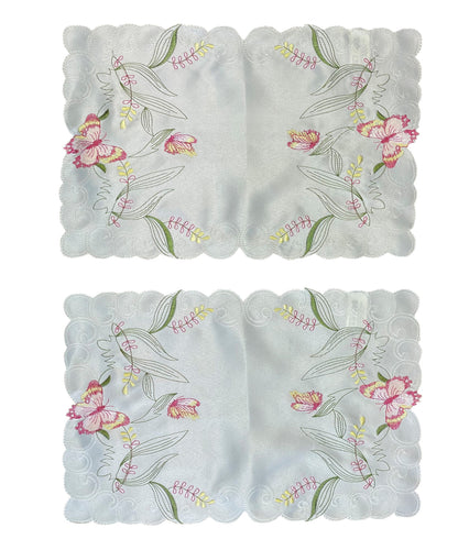 Pack of 2 Embroidered Butterfly Tray Cloths with Scalloped Edge (2 Colours)