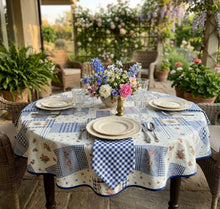 Load image into Gallery viewer, Floral Patchwork &amp; Gingham Round Tablecloth 54” with One Pack of Napkins (Red or Blue)