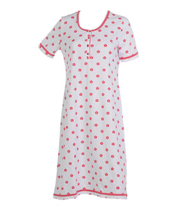 Ladies Flower Nightdress with Polka Dot Trim S - L (Aqua or Red)