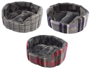 Gor Pets Camden Deluxe Check Bed - Faux Fur Cushion & 8cm Walls (3 Colours)