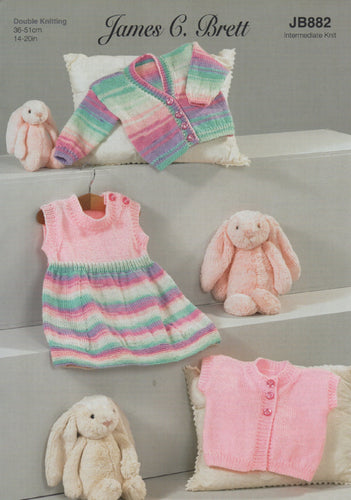 James Brett Double Knitting Pattern - Baby Dress,Cardigan & Waistcoat (JB882)