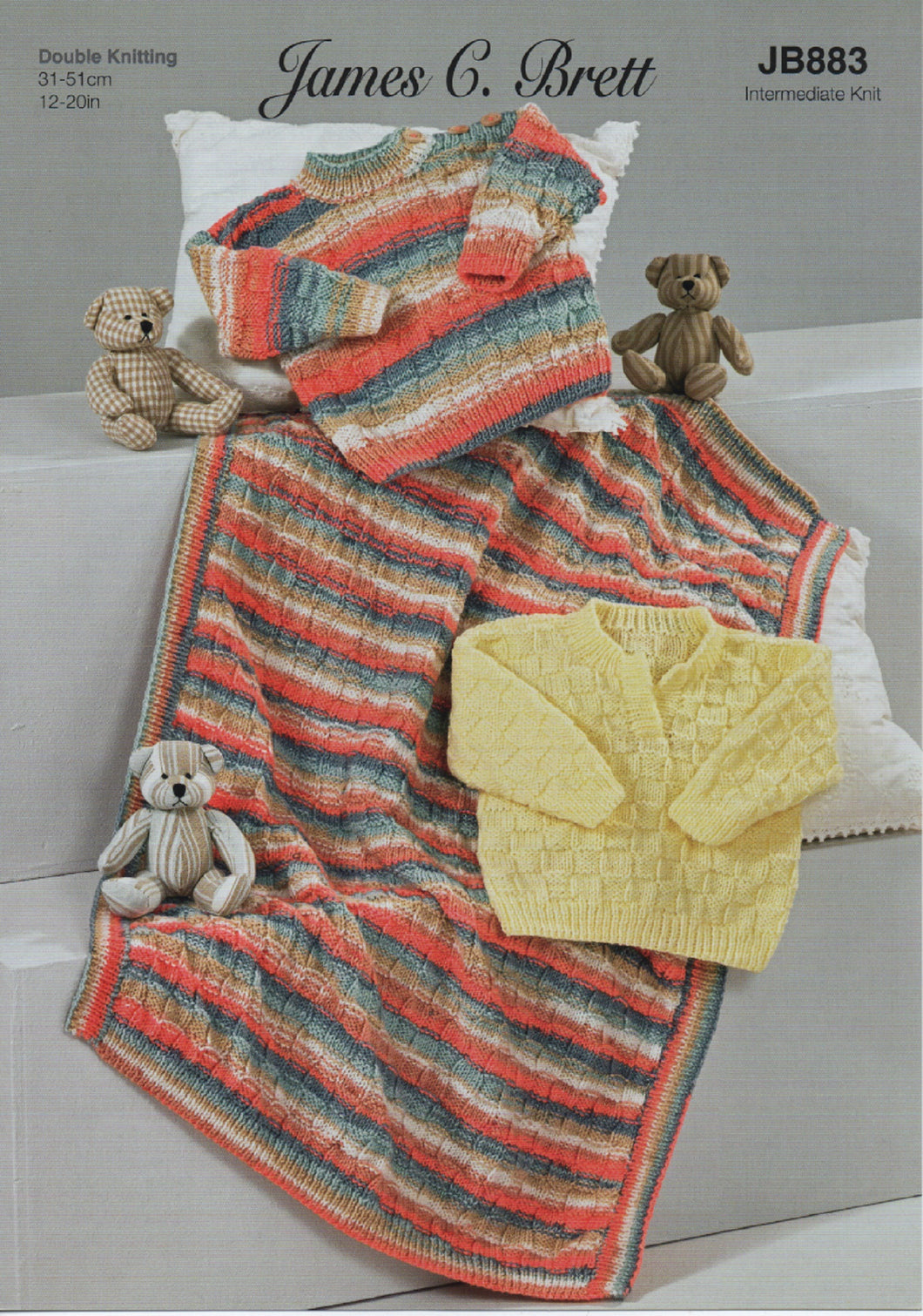 James Brett DK Knitting Pattern – Baby Sweaters & Blanket (JB883)