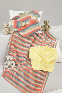 James Brett DK Knitting Pattern – Baby Sweaters & Blanket (JB883)