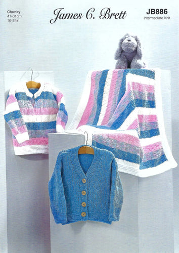 James Brett Intermediate Knitting Pattern Kids Sweater Cardigan & Blanket (JB886)