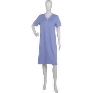 Ladies Nightdress with Polka Dot Trim & Buttons S - L (Blue or Pink)