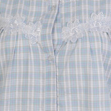 Load image into Gallery viewer, Ladies Button Through Seersucker Nightie with Floral Lace Detail (Blue or Pink)
