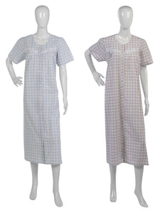Ladies Button Through Seersucker Nightie with Floral Lace Detail (Blue or Pink)