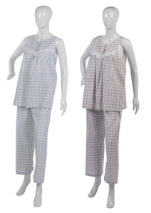 Ladies Seersucker Floral Lace Detail Pyjamas S - XL (Blue or Pink)
