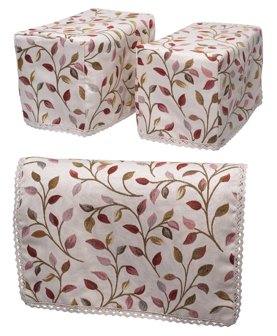 Jacquard Leaf Arm Caps & Chair Back Set with Lace Trim (Beige)