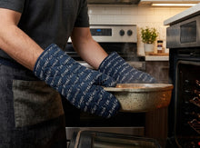 Load image into Gallery viewer, Kitchen Script Quilted Cotton Gauntlet, Pair of Gauntlets or Double Oven Glove