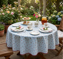 Load image into Gallery viewer, Floral Patchwork &amp; Gingham Round Tablecloth 54” with One Pack of Napkins (Red or Blue)